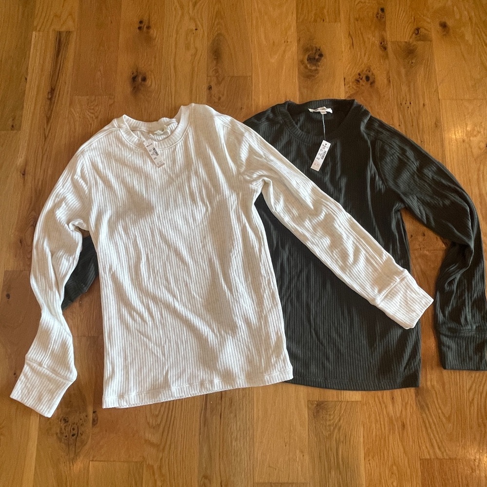 Madewell Women's Ribbed Long Sleeve Tees - Cream & Hunter Green